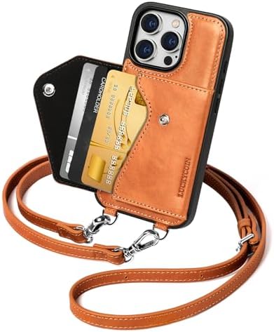 LUCKYCOIN for iPhone 16 Pro Crossbody Wallet Case – Genuine Leather Phone Purse with Adjustable Strap and Card Holder,Lanyard Phone Purse Case for Women,Vintage Brown