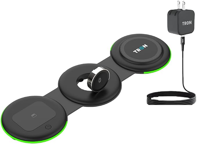 Tron 3 in 1 Foldable Magnetic Wireless Charger - Travel Charging Pad Dock for Apple Watch iPhone 16 15 14 13 12 Pro Max Plus & Airpod