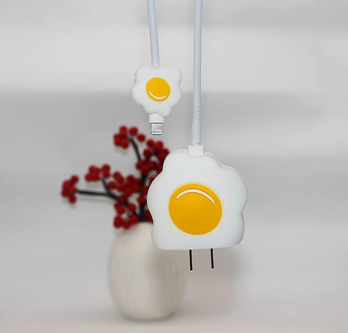 3D Cute Cartoon Charger Protector Case - Compatible for Apple 20W USB-C Power Adapter and Lightning Cable (White Yolk)