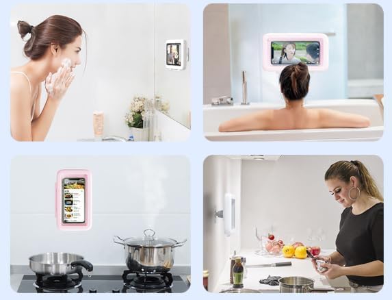 Shower Phone Holder Waterproof, 480°Rotation Wall Mount Shower Phone Case, HD Touch Screen Waterproof Phone Holder for Bathroom Bathtub Kitchen, Fit 4-7" Phone (Pink)