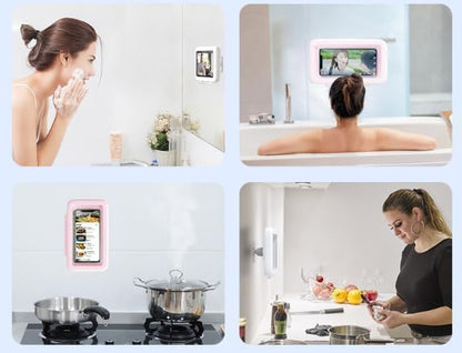 Shower Phone Holder Waterproof, 480°Rotation Wall Mount Shower Phone Case, HD Touch Screen Waterproof Phone Holder for Bathroom Bathtub Kitchen, Fit 4-7" Phone (Pink)