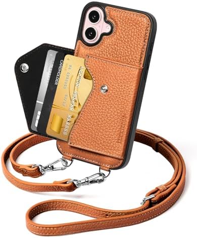 LUCKYCOIN for iPhone 16 Plus Crossbody Wallet Case – Genuine Leather Phone Purse with Adjustable Strap and Card Holder,Lanyard Phone Purse Case for Women,Pebble Grain Brown