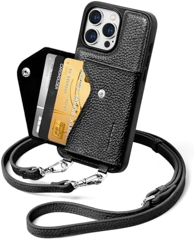 LUCKYCOIN for iPhone 15 Pro Max Crossbody Wallet Case – Genuine Leather Phone Purse with Adjustable Strap and Card Holder,Lanyard Phone Purse Case for Women,Pebble Grain Black