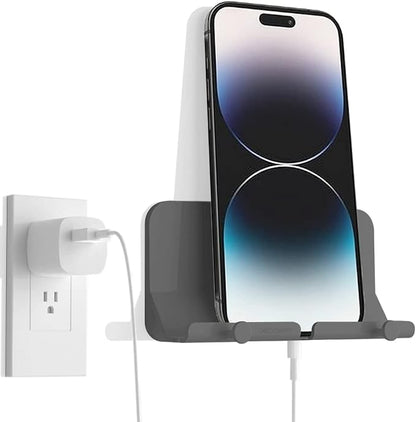 Wall Mount Phone Holder, D2 Hands-Free Adhesive Phone Holder with Cable Hole & Hooks, Wall Mounted Cell Phone Holder for Bathroom Kitchen Bedroom RV, Compatible with iPhone Smartphones (2 Pack- Grey)