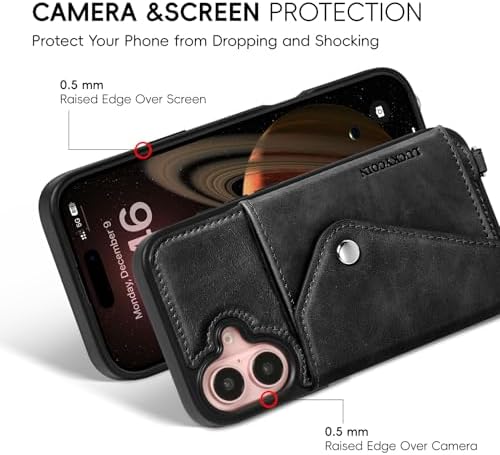 LUCKYCOIN for iPhone 16 Crossbody Wallet Case – Genuine Leather Phone Purse with Adjustable Strap and Card Holder,Lanyard Phone Purse Case for Women,Vintage Black