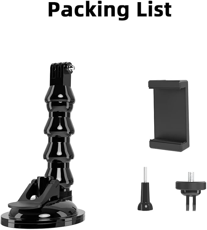 Flexible Gooseneck Extension Suction Cup Car Mount Holder with Phone Holder for Gopro Hero 13/12/11/10, DJI Osmo Action 6/5 Pro/4/3 and More Action Cameras, iPhone 16/15/14/13, Samsung and More Phones