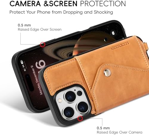 LUCKYCOIN for iPhone 16 Pro Crossbody Wallet Case – Genuine Leather Phone Purse with Adjustable Strap and Card Holder,Lanyard Phone Purse Case for Women,Vintage Tan
