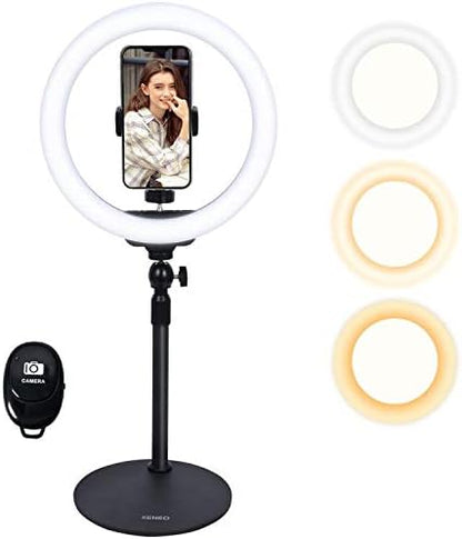 10" Desktop Selfie Ring Light with Stand and Phone Holder for iPhone Android, 3 Light Modes Dimmable LED Ringlight for YouTube/Video Shooting/Streaming/Makeup with Remote Shutter