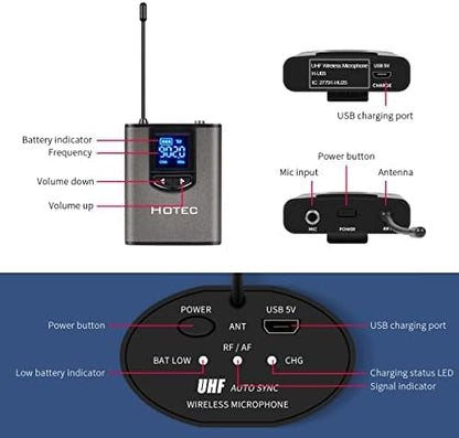 HOTEC UHF Wireless Headset Microphone/Lavalier Lapel Mic with Bodypack Transmitter and Mini Rechargeable Receiver 1/4" Output for Vlogging or Speech
