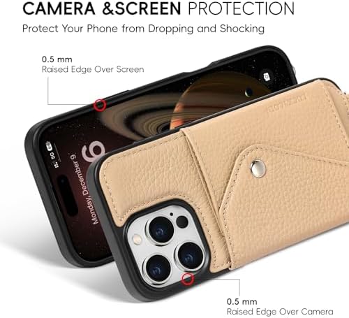 LUCKYCOIN for iPhone 16 Pro Max Crossbody Wallet Case – Genuine Leather Phone Purse with Adjustable Strap and Card Holder,Lanyard Phone Purse Case for Women,Pebble Grain Beige