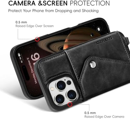 LUCKYCOIN for iPhone 16 Pro Crossbody Wallet Case – Genuine Leather Phone Purse with Adjustable Strap and Card Holder,Lanyard Phone Purse Case for Women,Vintage Black