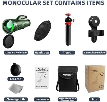 12x60 Powerfull Monoculars for Adults with Smartphone Adapter Tripod Plus Portable Bag, Larger Vision Monoculars for Adults with BAK4 Prism & FMC Lens, Suitable for Bird Watching Hiking