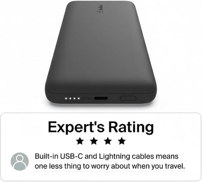 Belkin Portable Charger Power Bank for iPhone/Android (10,000mAh), 23W Battery Pack with Integrated USB-C, Lightning Cables, Pass-Through Capability, Charge 2 Devices at Once, Phone Charger Power Bank