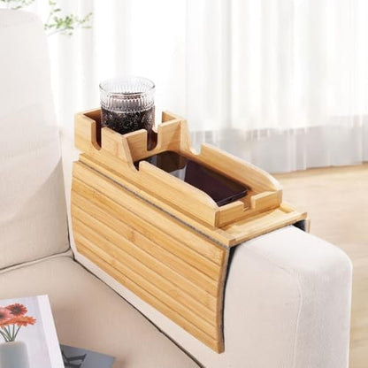 Couch Cup Holder, Sofa Armrest Tray with Drink Holder, Foldable Anti-Slip Arm Table, Cup Holder Tray for Mugs Cellphone Remote and Snacks.