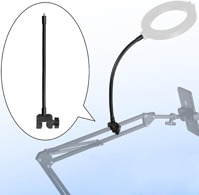 Overhead Phone Mount Ring Light Arm Stand Holder with 1/4-20 Inch Screw Thread Gooseneck Hose Extension Clamp Clip for Overhead Camera Mount with Ring Light Scissor Arm Mic Desk Stand Boom Arm