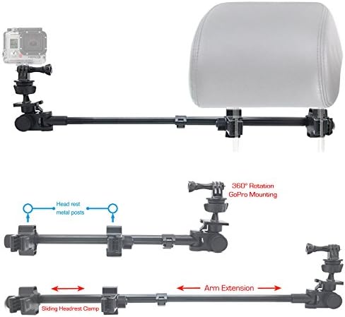 ChargerCity Secure Dual Post Lock Telescopic Headrest Mount w/Sliding Aluminum arm for Insta 360 & GoPro Fusion Action Camera