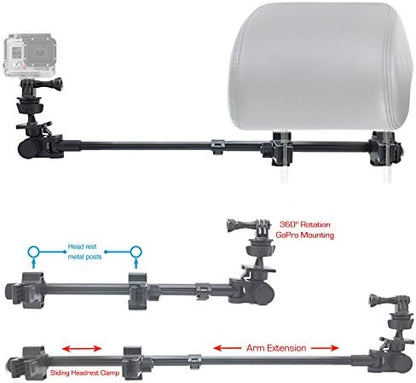 ChargerCity Secure Dual Post Lock Telescopic Headrest Mount w/Sliding Aluminum arm for Insta 360 & GoPro Fusion Action Camera