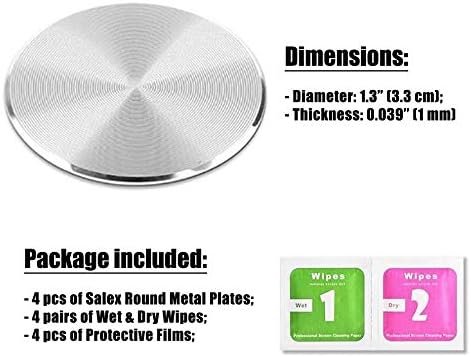 SALEX Phone Metal Plates 4 Pack for Magnetic Car Mount. Kit of 4 Clear Silver Round 3M Adhesive Discs Without Holes for Case Back. Strong Circular Cell Phone Magnet Holder Replacement Stickers Set
