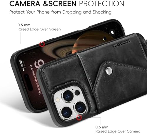 LUCKYCOIN for iPhone 16 Pro Max Crossbody Wallet Case – Genuine Leather Phone Purse with Adjustable Strap and Card Holder,Lanyard Phone Purse Case for Women,Vintage Black