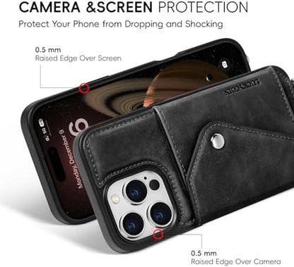 LUCKYCOIN for iPhone 16 Pro Max Crossbody Wallet Case – Genuine Leather Phone Purse with Adjustable Strap and Card Holder,Lanyard Phone Purse Case for Women,Vintage Black