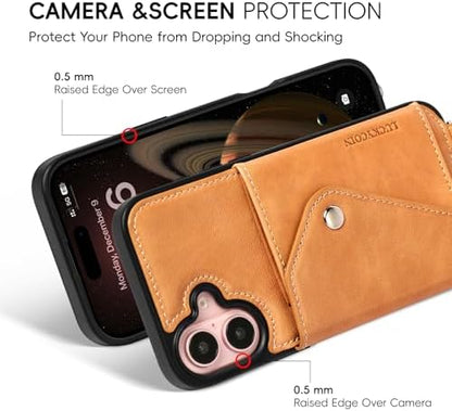 LUCKYCOIN for iPhone 16 Plus Crossbody Wallet Case – Genuine Leather Phone Purse with Adjustable Strap and Card Holder,Lanyard Phone Purse Case for Women,Vintage Tan