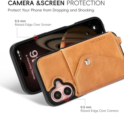LUCKYCOIN for iPhone 16 Crossbody Wallet Case – Genuine Leather Phone Purse with Adjustable Strap and Card Holder,Lanyard Phone Purse Case for Women,Vintage Tan