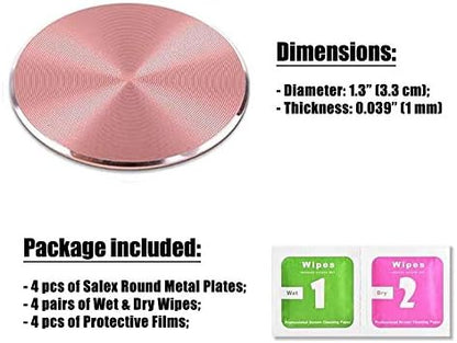 SALEX Cute Pink Metal Plates Set 4 Pack for Magnetic Car Mount. Kit of 4 Rose Gold Round Discs Without Holes for Phone Holder, Case. Strong 3M Adhesive Cell Phone Magnet Stickers Replacement