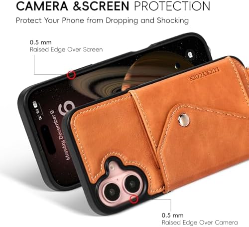 LUCKYCOIN for iPhone 16 Plus Crossbody Wallet Case – Genuine Leather Phone Purse with Adjustable Strap and Card Holder,Lanyard Phone Purse Case for Women,Vintage Brown