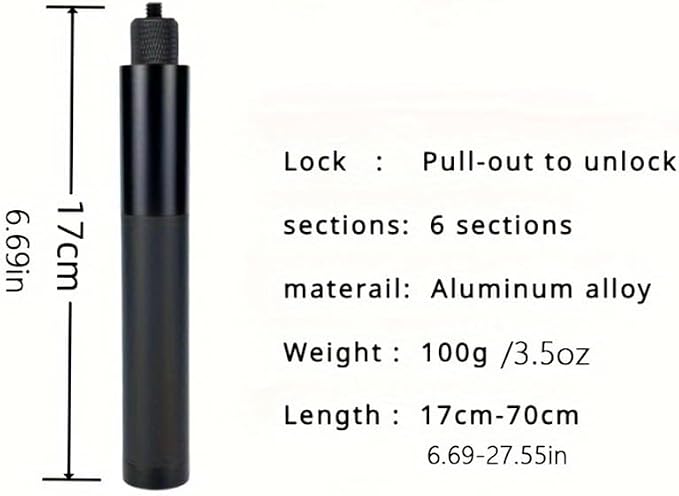 27in/70cm Invisible Selfie Stick for insta360 X5/X4/GO3/ONE X/DJI OSMO Aluminum Alloy Extension Rod Telescoping Pole Auto-Removed in 360° Shots