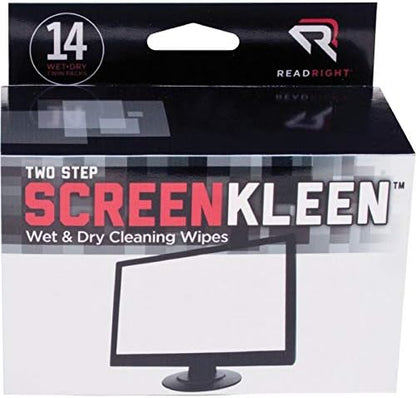 Read Right Two Step ScreenKleen Wet and Dry Cleaning Wipes, 5 x 5, Unscented, 14/Box