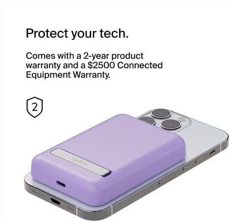 Belkin Portable Charger, Wireless Power Bank 5000 mAh MagSafe Charger 7.5W, Built-in Pop-up Kickstand - iPhone 17, Air, Pro, Pro Max, iPhone 16, AirPods, Apple Watch, Google Pixel 10, etc. - Purple