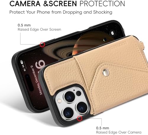 LUCKYCOIN for iPhone 16 Pro Crossbody Wallet Case – Genuine Leather Phone Purse with Adjustable Strap and Card Holder,Lanyard Phone Purse Case for Women,Pebble Grain Beige