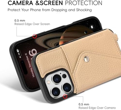 LUCKYCOIN for iPhone 16 Pro Crossbody Wallet Case – Genuine Leather Phone Purse with Adjustable Strap and Card Holder,Lanyard Phone Purse Case for Women,Pebble Grain Beige