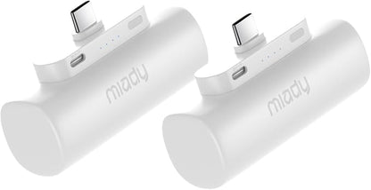 Miady 2-Pack Mini Portable Charger Built-in USB C Connector Small PowerBank | 5000mAh丨Lightweight丨for Backpack Travel丨Compatible with iPhone 17 Galaxy Android丨Ultra-Compact丨Flight-Safe丨18Wh丨White+White