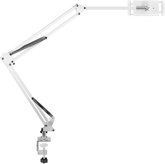 Heavy Duty Phone/Tablet Metal Holder Universal Mobile Cell Smartphone Mount Lazy Bracket 360° Rotation Gooseneck Clamp Stand Flexible Long Arm (White, 3-Section)