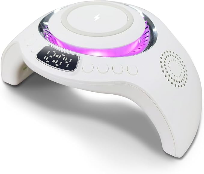 5 in 1 mutifunction Mobile Wireless Charger with Bluetooth Speaker, UV Nail Lights, Clock Alarm,Night Light