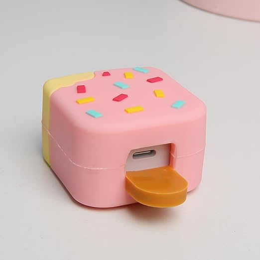 Compatible with iPhone 18W/20W USB-C Charger Protector Cover, 3D Cute Cartoon Charger Case for Apple iPhone 20W USB-C Power Adapter and Lightning Cable Protective Wire Saver (Pink Ice Cream)
