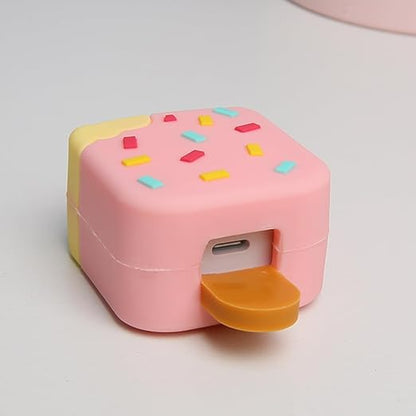 Compatible with iPhone 18W/20W USB-C Charger Protector Cover, 3D Cute Cartoon Charger Case for Apple iPhone 20W USB-C Power Adapter and Lightning Cable Protective Wire Saver (Pink Ice Cream)