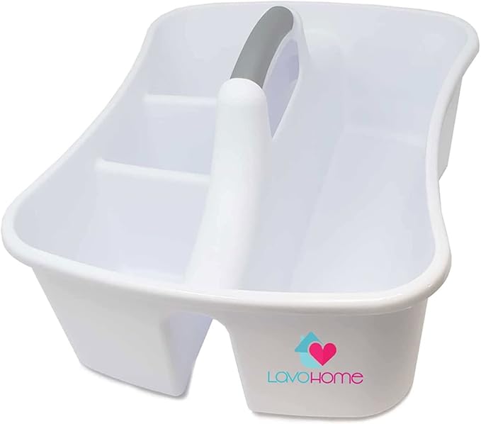 LavoHome Bath Caddie White - Totes with Divided Compartments and Handles for Organizing, Storing & Carrying Cleaning Supplies and Bathroom Accessories (Large Cleaning Caddy)