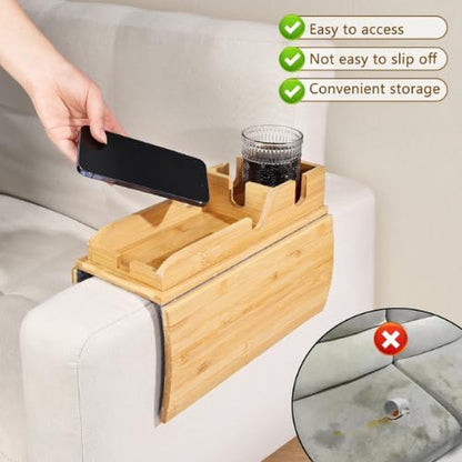 Couch Cup Holder, Sofa Armrest Tray with Drink Holder, Foldable Anti-Slip Arm Table, Cup Holder Tray for Mugs Cellphone Remote and Snacks.