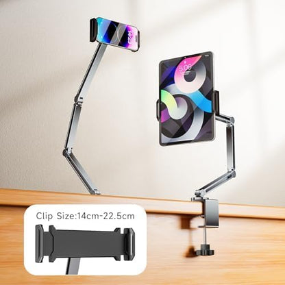 Tablet Arm Mount with Super Grip, Adjustable Foldable Holder & Heavy Duty Aluminum 360° Rotating Clamp for iPad, Phone, Monitor, Kindle - Universal for Desk, Bed, Kitchen - Space Grey