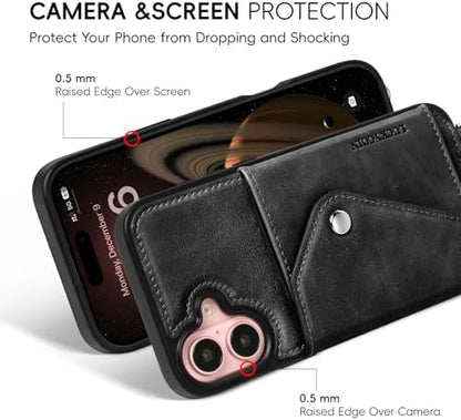 LUCKYCOIN for iPhone 16 Plus Crossbody Wallet Case – Genuine Leather Phone Purse with Adjustable Strap and Card Holder,Lanyard Phone Purse Case for Women,Vintage Black