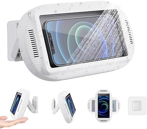 Waterproof Shower Phone Holder with 360° Rotation, Wall Mounted, Angle Adjustable for Bathroom Mirror Bathtub Kitchen, Up to 6.8 Inch
