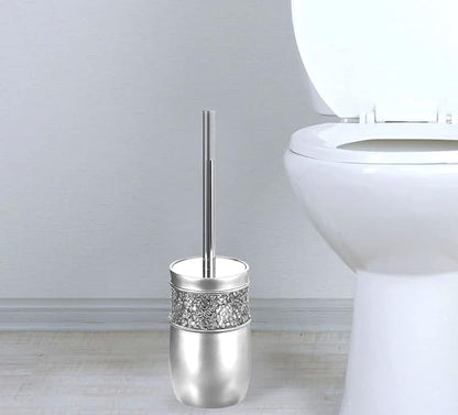 Creative Scents Crackled Glass Toilet Brush with Holder - Silver Toilet Bowl Cleaner Brush and Holder - Good Grip, Deep Cleaning, Decorative Design Compact Toilet Bowl Scrubber