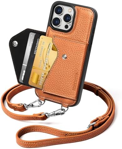 LUCKYCOIN for iPhone 16 Pro Max Crossbody Wallet Case – Genuine Leather Phone Purse with Adjustable Strap and Card Holder,Lanyard Phone Purse Case for Women,Pebble Grain Brown