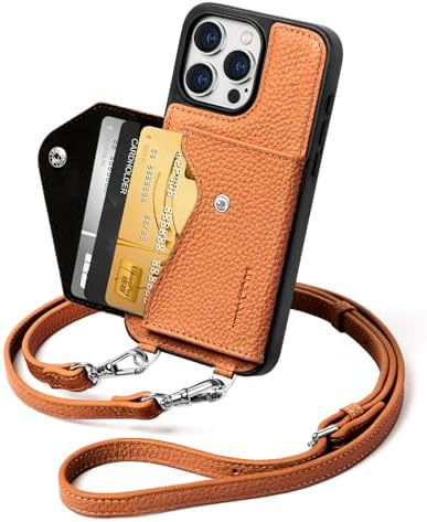 LUCKYCOIN for iPhone 15 Pro Max Crossbody Wallet Case – Genuine Leather Phone Purse with Adjustable Strap and Card Holder,Lanyard Phone Purse Case for Women,Pebble Grain Brown