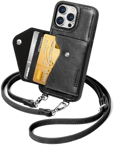 LUCKYCOIN for iPhone 16 Pro Max Crossbody Wallet Case – Genuine Leather Phone Purse with Adjustable Strap and Card Holder,Lanyard Phone Purse Case for Women,Vintage Black