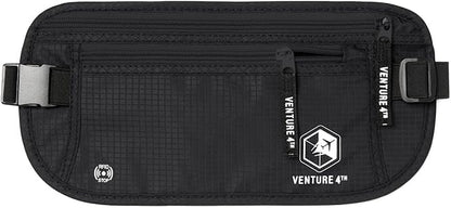 VENTURE 4TH Money Belt for Travel – Hidden Under-Clothes RFID Blocking Passport Holder & Slim Travel Wallet Pouch for Men & Women to Protect Cash, Cards & Documents (Pure Black)