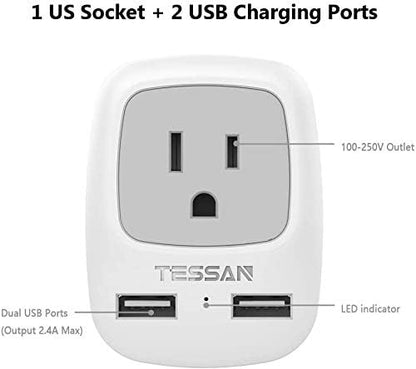 TESSAN European Travel Plug Adapter, 2 Pack, Type C, 2 USB | International Power Outlet Adaptor, USA to Most of Europe EU Spain Iceland Germany France Italy Israel
