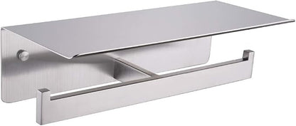 APLusee Double Toilet Paper Holder with Shelf, 304 Stainless Steel Brushed Nickel Bathroom Tissue Holder, Commercial Paper Roll Dispenser Wall Mounted